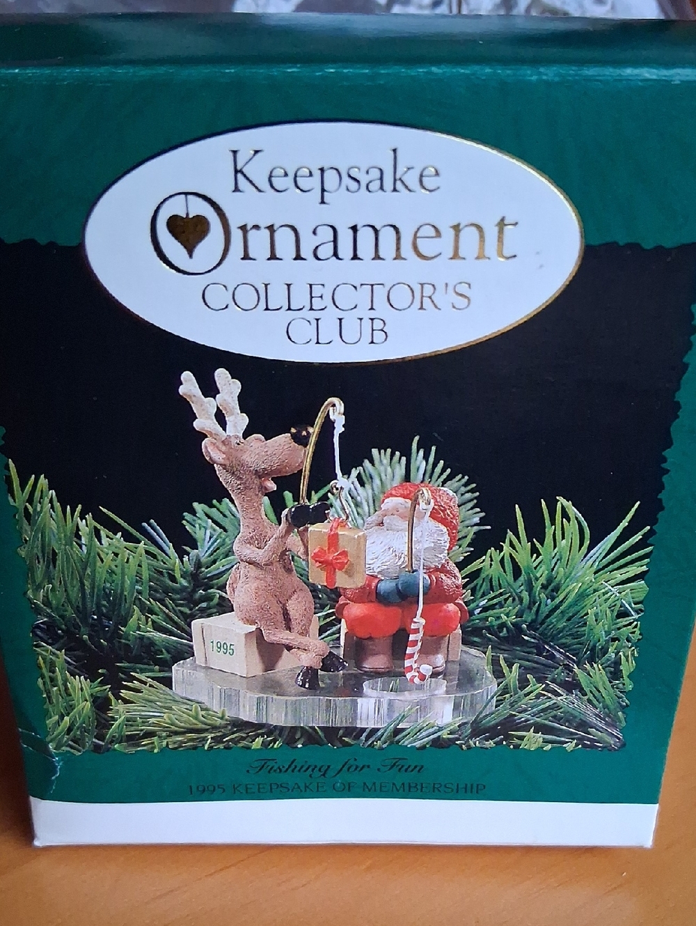 Hallmark green red white Keepsake Ornament - Santa and Reindeer Fishing